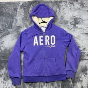Aeropostale Hoodie Womens Large Purple Sherpa Lined Full Zip Aero Sweatshirt